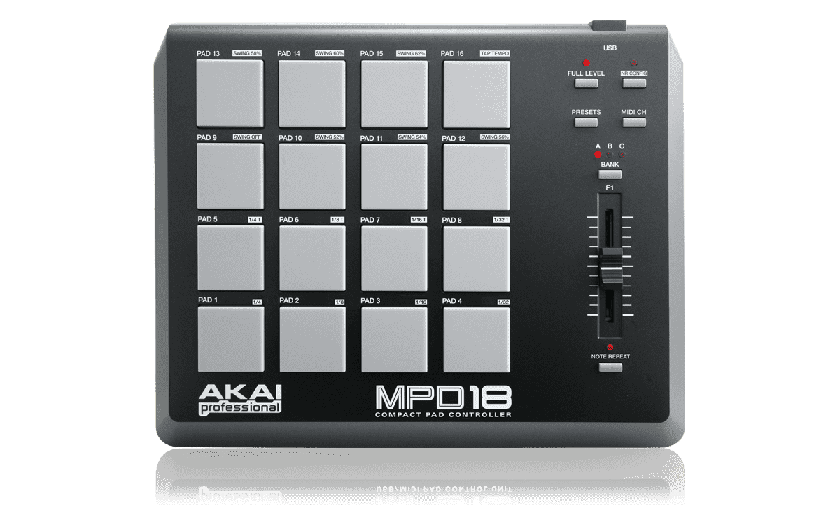 AKAI PRO MPD18, компактный USB/MIDI-контроллер, 16 пэдов, назначаемые Q-Link фейдер и вращающийся регулятор